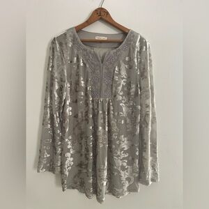Indigo Soul Velvet Burnout Tunic Top Taupe Embellished Size M Festival Whimsy